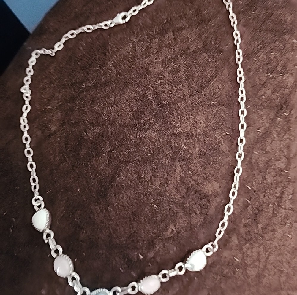 Sterling Silver Necklace with Blue Turquoise and Pink Opal & White Stone Accents - Picture 4 of 7